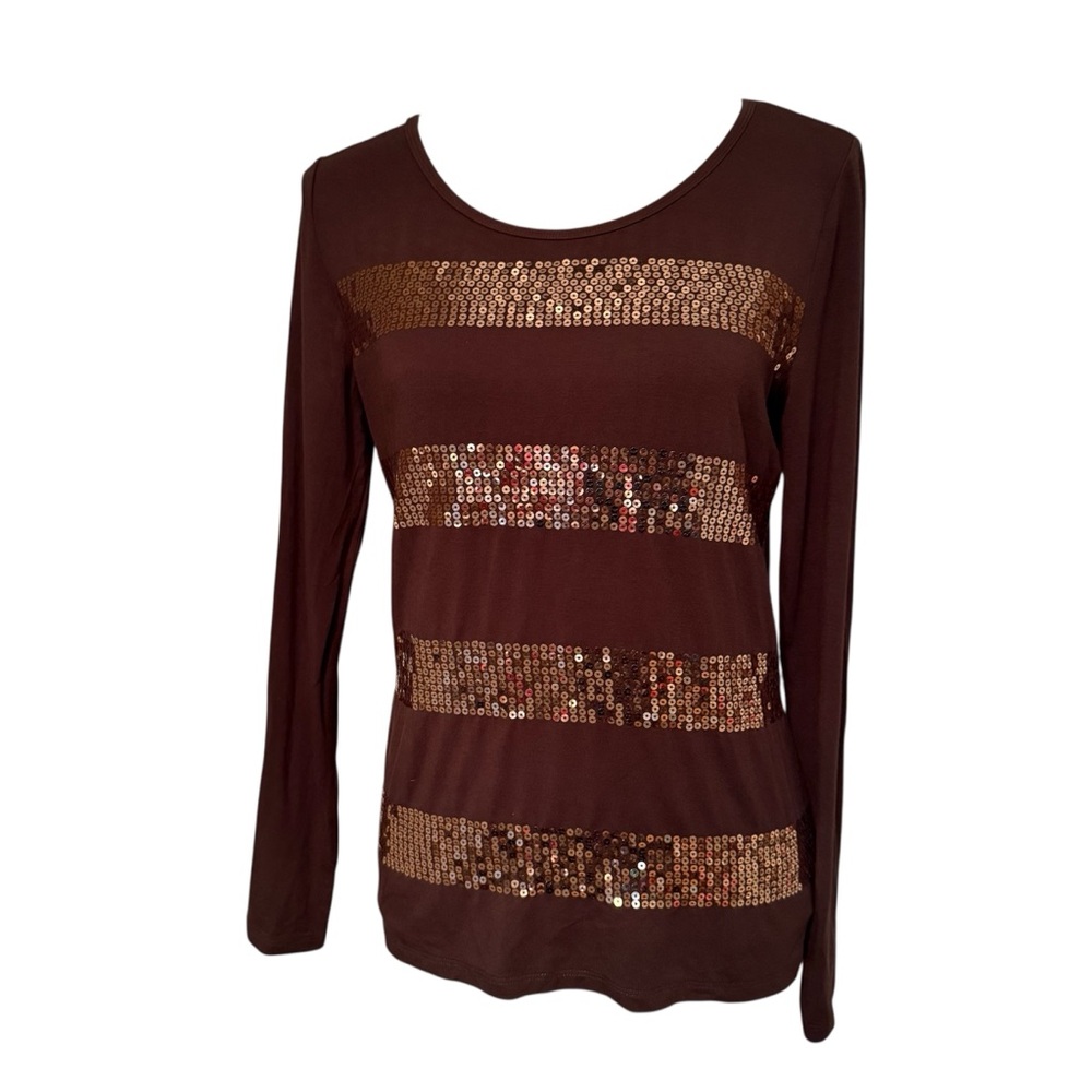 MICHAEL MICHAEL KORS TOP TEE LONG SLEEVE BROWN SEQUINS SIZE S